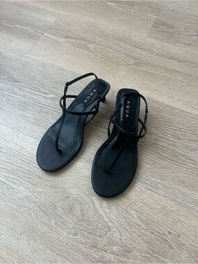 Aqua Black Strappy Thong T-Strap Low Heel Flip Flop Sandals Kitten Heels